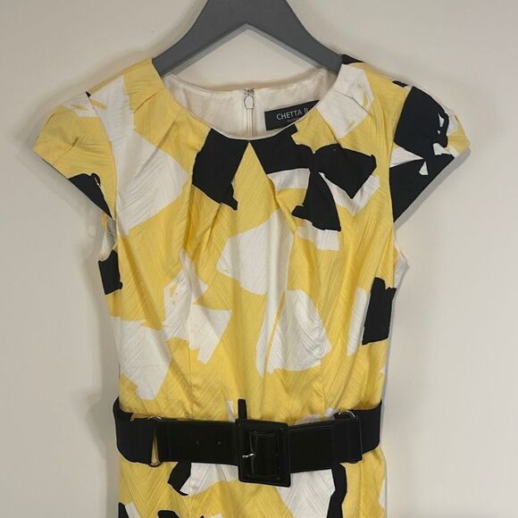 Chetta B Sunhee Women's Sheath Dress Midi Geometric Cap Sleeve Yellow Size 2 - Picture 2 of 11